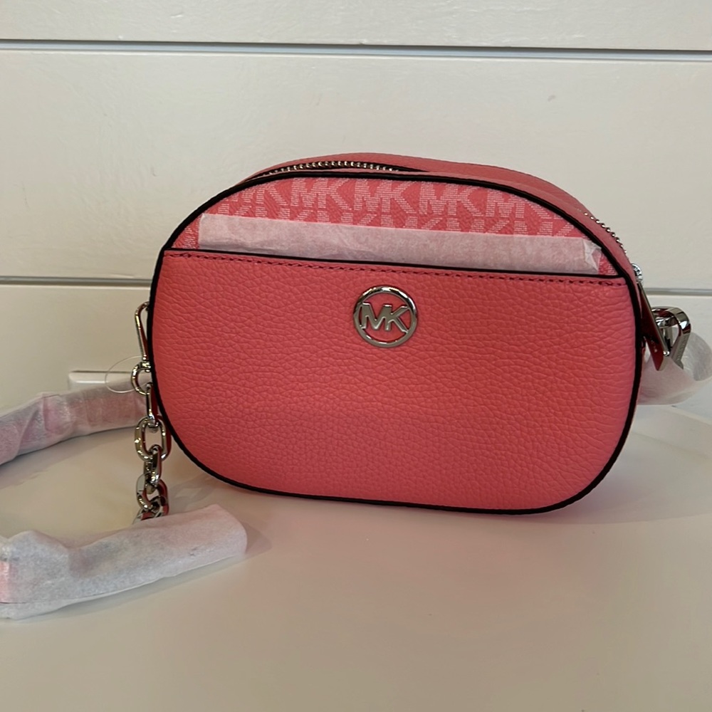 NWT MICHAEL KORS JET SET GLAM SMALL OVAL CROSSBODY IN TEA ROSE LEATHER